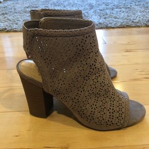 Lauren Conrad beige open toe booties.
